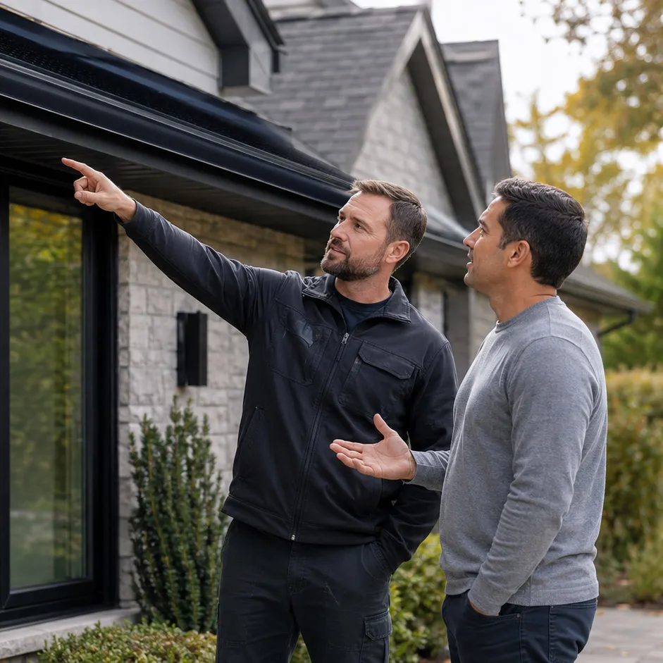 Installer reviewing a gutter system with a homeowner